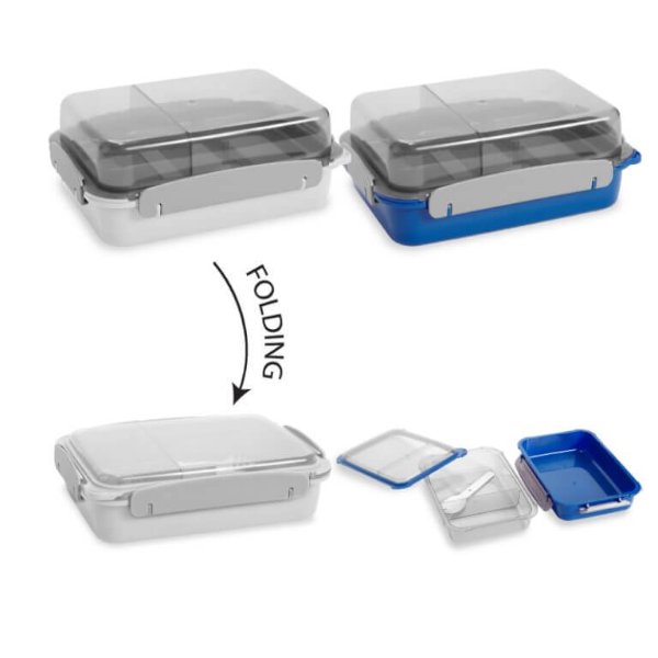 קופסת אוכל מתקפלת דו-קומתית עם מכסה שקוף ואטימת סיליקון כולל מזלג וכף